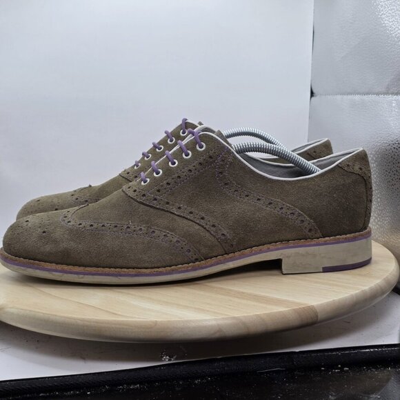 Johnston & Murphy Ellington Wingtip Oxford Shoes Mens 12 Suede Khaki/Purple - Picture 1 of 9